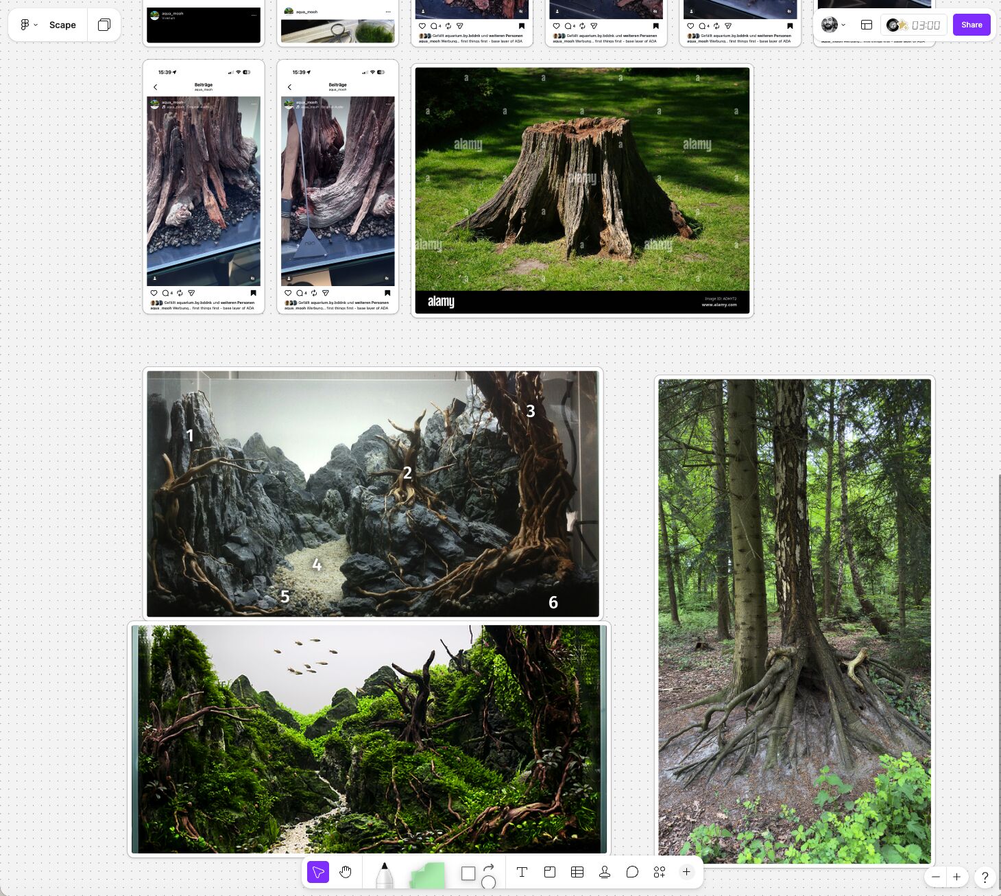 Skizze und Moodboard für ein neues Aquascape